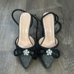 Elegant Black Glitter Bow Women's holiday Christmas party Heels